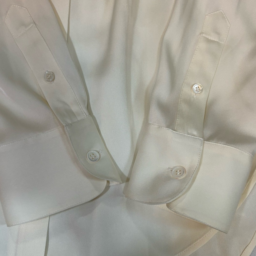 Theory Women's Ivory Silk Satin Collared Long Sleeve Button-Up Blouse L - Picture 4 of 9